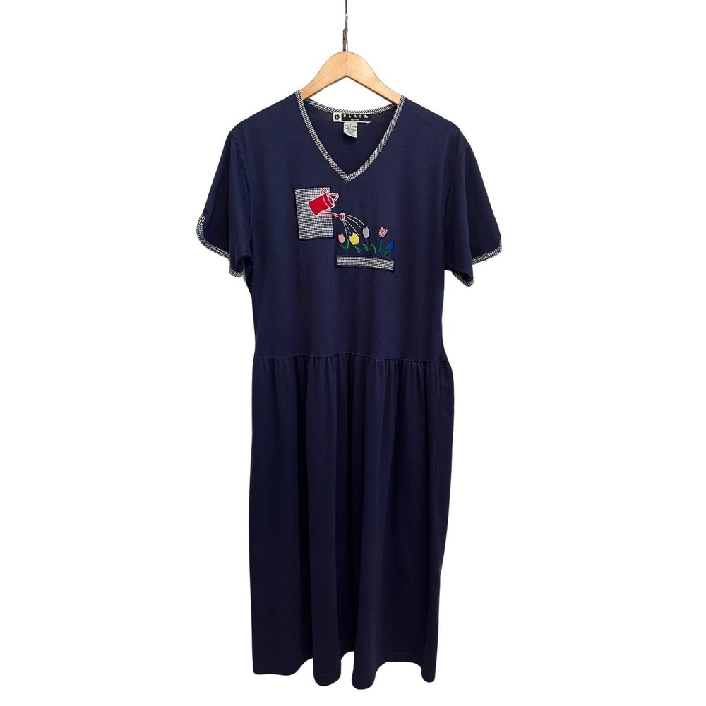 Vintage 90s‎ Blast Petites Dress Blue Trimmed Tulip Garden Cottage Retro Knit L